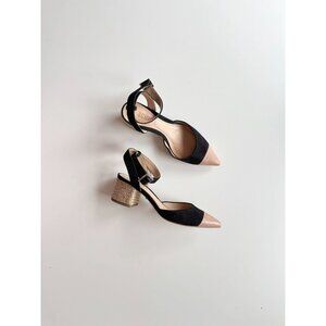 SCHUTZ Black Suede Tan Leather Pointed Cap Toe Jute Block Heel Sandals, Size 5.5